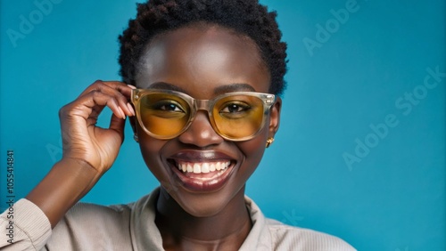 smiling african woman with glasses on blue background