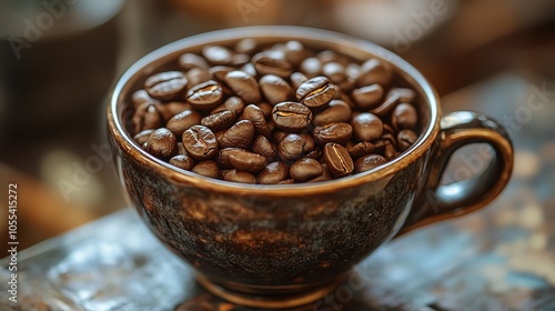 Coffee beans in a rustic cup on a wooden table. photo