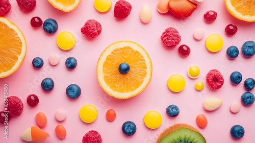 Colorful assortment of fruits and candies on a pink background for vibrant culinary artistry.