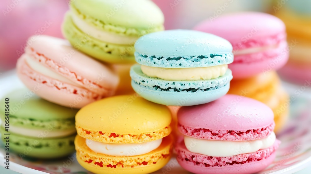 Colorful macarons stacked on a plate, showcasing delicate textures and vibrant colors. Colorful macarons stacked on a plate, showcasing delicate textures and vibrant colors.