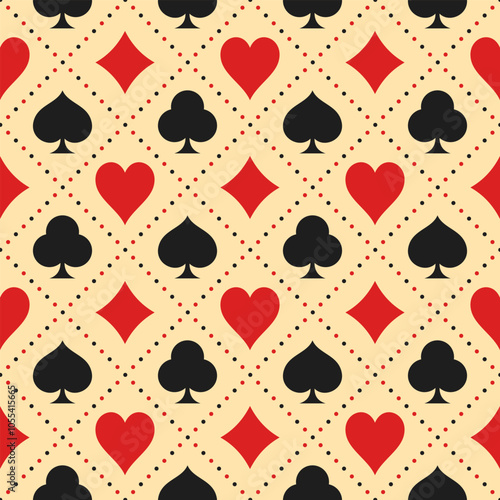 Card suits vector seamless pattern. Hearts, crosses, spades and diamonds on beige dotted background. Best for textile, casino decor, wallpapers, wrapping paper, package and web design.