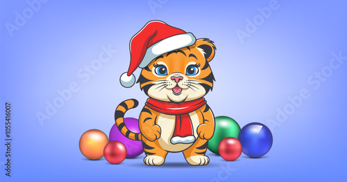 Vector cartoon funny cheerful smiling friendly chubby baby tiger cub in scarf and Santa Claus hat. Striped plump little african animal. Toy glass color balls. Merry Christmas and Happy new year.