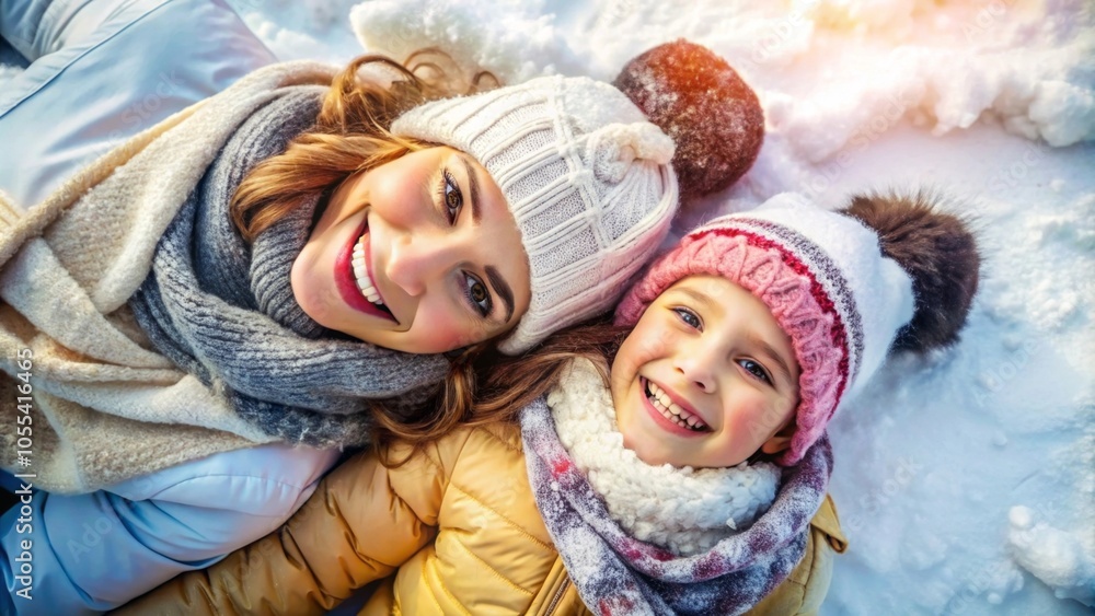 cheerful portrait of mother and daughter lying in the snow in winter cheerful portrait of mother and daughter lying in the snow in winter
