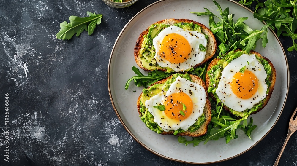 Delicious avocado toast topped with sunny-side-up eggs served on a plate with fresh arugula. Delicious avocado toast topped with sunny-side-up eggs served on a plate with fresh arugula.