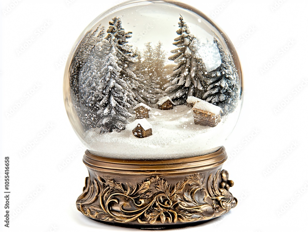 Decorative Snow Globe with a Winter Scene Inside Placed on a White Background Decorative Snow Globe with a Winter Scene Inside Placed on a White Background
