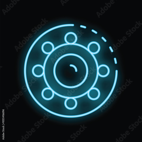 Neon blue virus icon rotating on black background