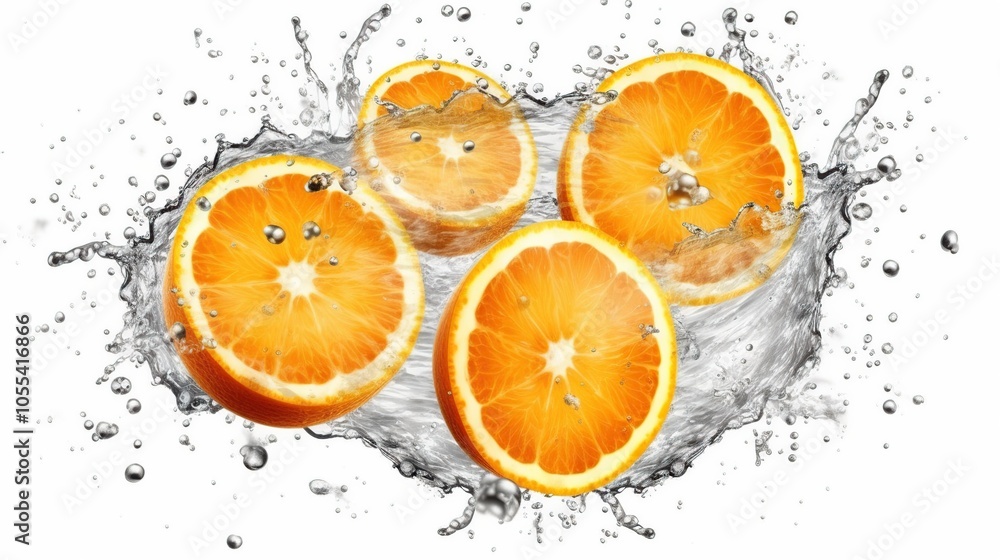 Four orange slices splash into water creating a dramatic wave of refreshing droplets. Four orange slices splash into water creating a dramatic wave of refreshing droplets.