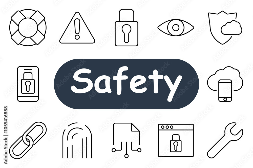 Safety set icon. Lifebuoy, alert triangle, lock, eye, cloud shield, mobile lock, chain link, fingerprint, digital file, browser lock, wrench. Suitable for security, protection, and digital safety Safety set icon. Lifebuoy, alert triangle, lock, eye, cloud shield, mobile lock, chain link, fingerprint, digital file, browser lock, wrench. Suitable for security, protection, and digital safety