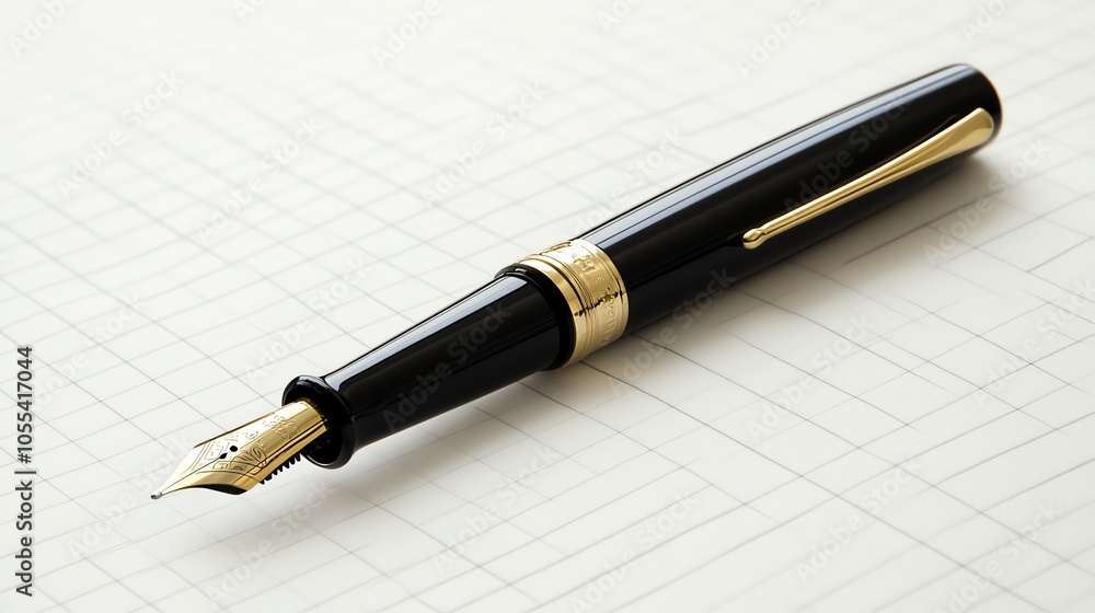 Elegant black fountain pen resting on a grid paper, symbolizing writing and creativity. Elegant black fountain pen resting on a grid paper, symbolizing writing and creativity.