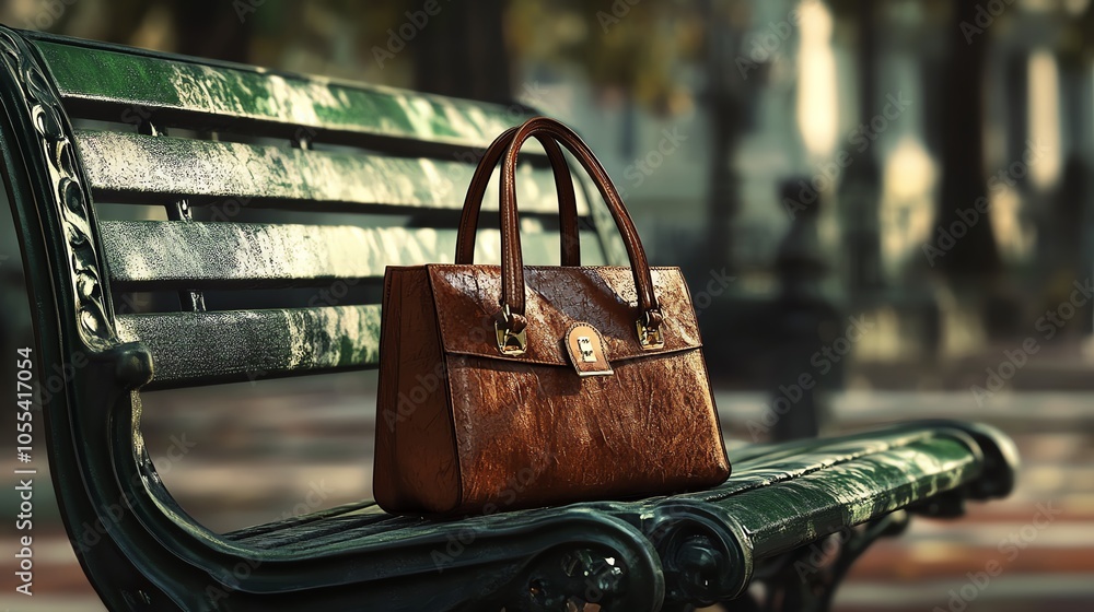 Elegant brown handbag resting on a green park bench, surrounded by a serene outdoor environment. Elegant brown handbag resting on a green park bench, surrounded by a serene outdoor environment.