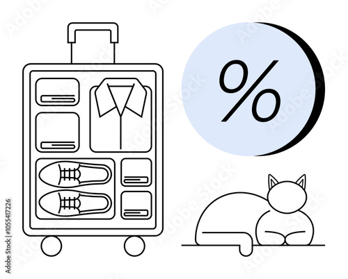 Organized luggage with clothes, shoes, and accessories, a percentage symbol in a circle, and a resting cat. Ideal for travel tips, pet care, organization hacks, sales promotions, packing tips