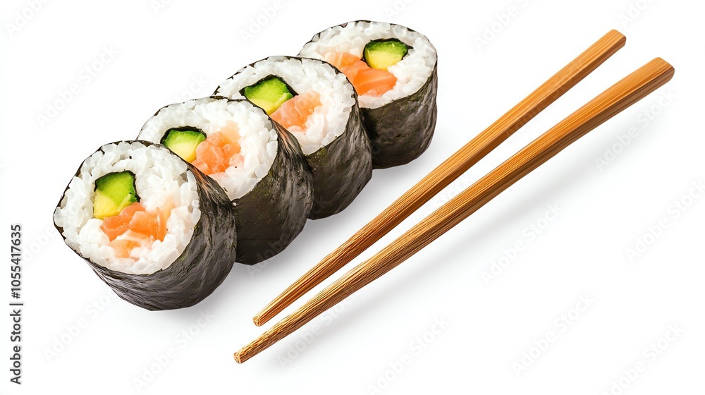 Fresh sushi rolls with salmon and cucumber on a white isolated background. Fresh sushi rolls with salmon and cucumber on a white isolated background.