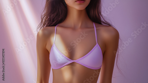 Model In Lavender Bikini Top Against Pink Background