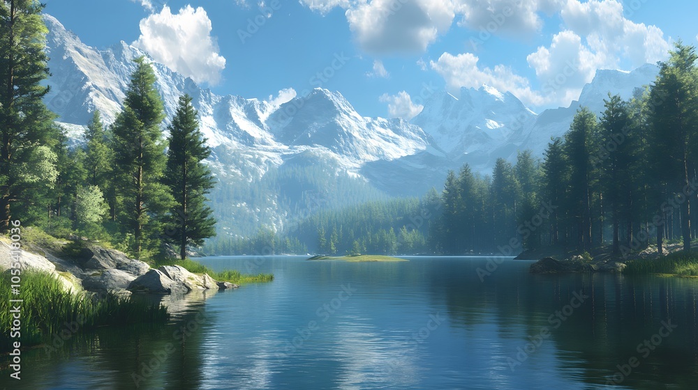 Fototapeta premium A peaceful alpine lake surrounded by pine trees and rugged mountains