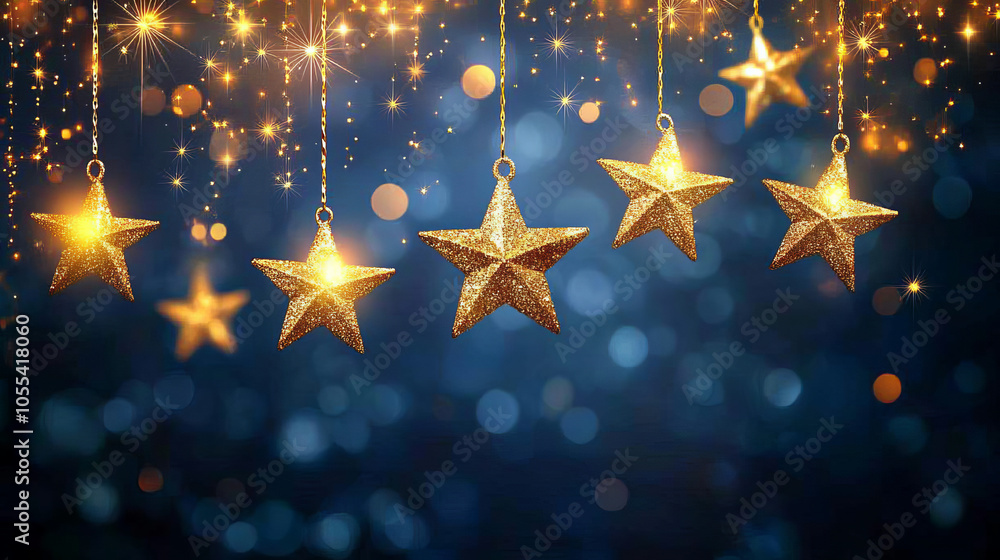 Golden stars on a dark background, surrounded by shining lights, create an atmosphere of magic and festive mood. Golden stars on a dark background, surrounded by shining lights, create an atmosphere of magic and festive mood.