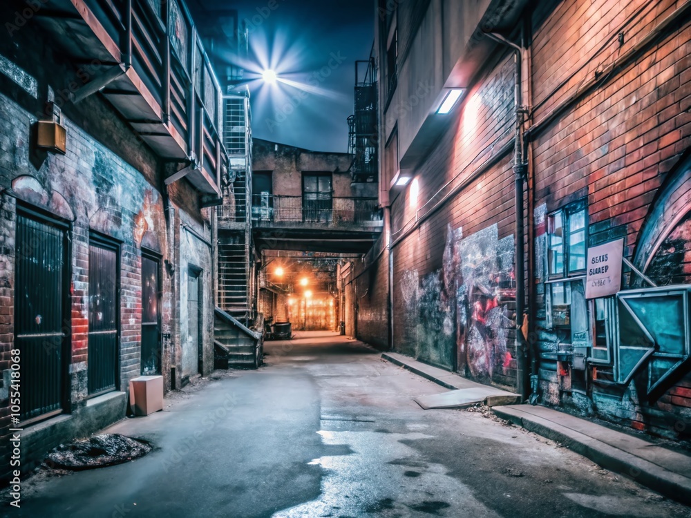 Fototapeta premium Dark Alley with Neon Lights and Graffiti - Urban Documentary Photography
