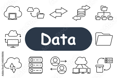 Data set icon. Cloud storage, file sync, database, network connections, data exchange between devices. Perfect for cloud computing, data management, and sharing