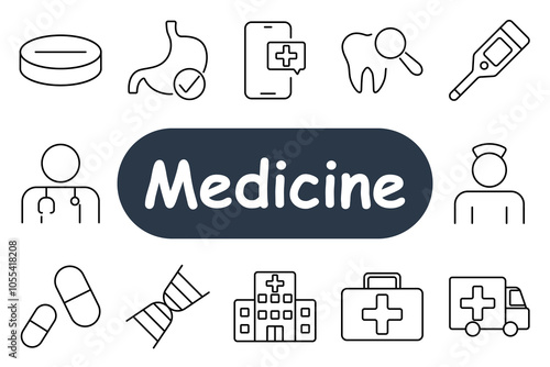 Medicine set icon. Pill, stomach check, mobile health app, tooth exam, thermometer, doctor, nurse, hospital, ambulance, DNA. Suitable for healthcare, medical services, and emergency care