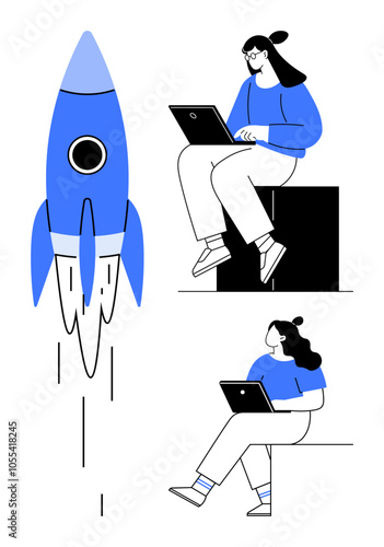 Rocket launches as two team members work on laptops, one seated on a box, another on the ground. Ideal for startup culture, teamwork, innovation, technology, focus, remote work, and brainstorming