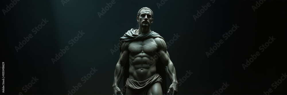 Realistic digital sculpture of a powerful man, wearing a cloak, posed against a banner stoic background, creating a sense of authority and stillness. Realistic digital sculpture of a powerful man, wearing a cloak, posed against a banner stoic background, creating a sense of authority and stillness.