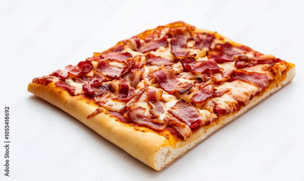 Delicious rectangular pizza topped with crispy bacon on a clean white surface, perfect for a snack or meal any time of day Delicious rectangular pizza topped with crispy bacon on a clean white surface, perfect for a snack or meal any time of day