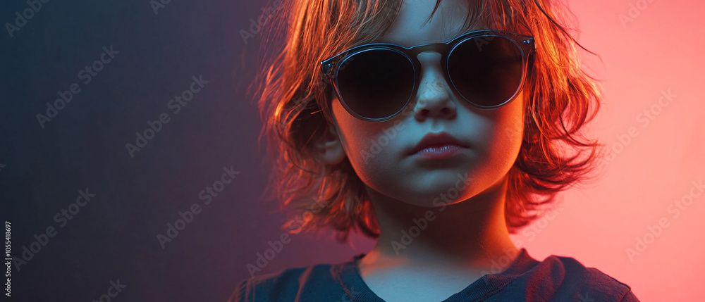 Cool Young Boy Wearing Sunglasses in Neon Lights Portrait Cool Young Boy Wearing Sunglasses in Neon Lights Portrait