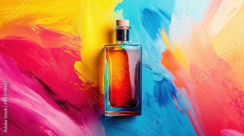 A clear liquor bottle filled with a colorful liquid stands out on a vivid backdrop photo