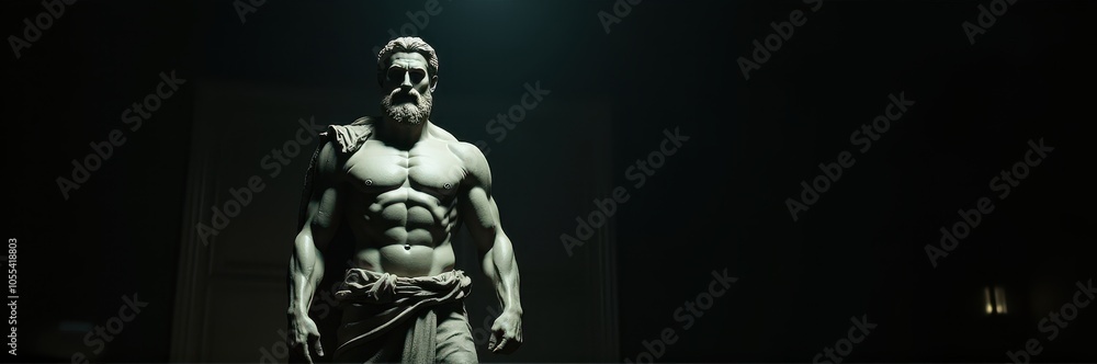 Sculpted male figure with a muscular physique and cloak, presented with a banner stoic background, evoking classical strength and composure. Sculpted male figure with a muscular physique and cloak, presented with a banner stoic background, evoking classical strength and composure.