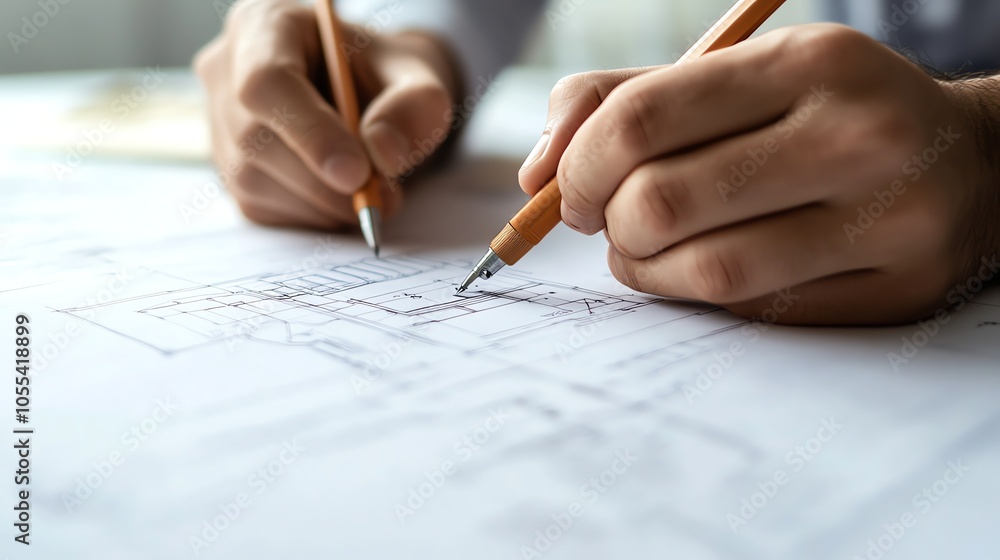 A person's hands drawing on a blueprint. A person's hands drawing on a blueprint.