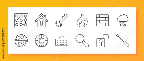 Security set icon. Lock pattern, house, key, firewall, cloud, shield, keyboard, magnifier, screwdriver. Icons related to security measures, online protection, and data safety