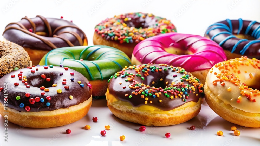Decadent Delight Donuts Isolated on White Background for Bakery Marketing and Dessert Promotions Decadent Delight Donuts Isolated on White Background for Bakery Marketing and Dessert Promotions