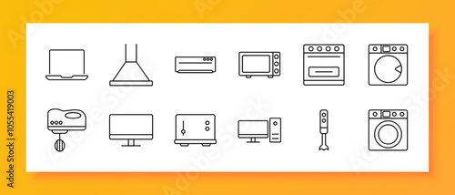 Appliances set icon. Laptop, range hood, microwave, oven, washing machine, mixer, TV, toaster, computer, blender, washer. Household electronics and appliances for everyday tasks