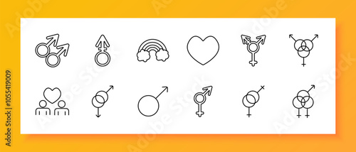 LGBTQ symbols set icon. Male symbols, transgender, rainbow, heart, gender fluid, non-binary, couple, pride symbols, love, equality. Icons representing LGBTQ identities, pride, and inclusivity