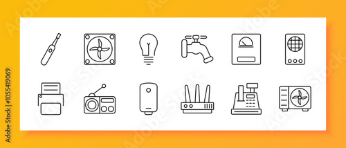 Electronics set icon. Electric toothbrush, fan, lightbulb, faucet, meter, thermostat, printer, radio, heater, router, cash register, air conditioner. Devices for home use, technology, and convenience