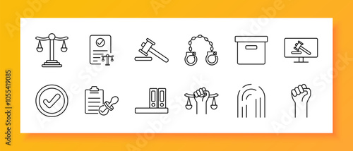 Law and justice set icon. Scales, legal document, gavel, handcuffs, archive, online court, approval checkmark, clipboard, binders, justice, fingerprint, protest fist