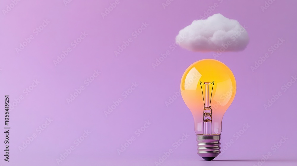 A light bulb emits a warm glow, suspended beneath a fluffy cloud, set against a soft purple background, symbolizing creativity and inspiration. A light bulb emits a warm glow, suspended beneath a fluffy cloud, set against a soft purple background, symbolizing creativity and inspiration.