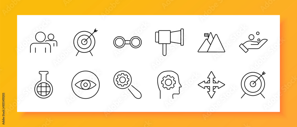Goal and direction set icon. Team, target, binoculars, announcement, mountain, success hand, test tube, eye, magnifier, brain gear, navigation, direction target Goal and direction set icon. Team, target, binoculars, announcement, mountain, success hand, test tube, eye, magnifier, brain gear, navigation, direction target