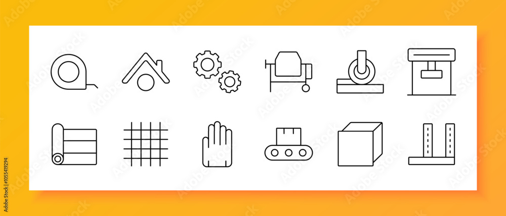 Construction and building set icon. Measuring tape, roof, gears, cement mixer, roller, toolbox, fabric, hand, conveyor, block, brackets Construction and building set icon. Measuring tape, roof, gears, cement mixer, roller, toolbox, fabric, hand, conveyor, block, brackets