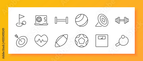 Sports and fitness set icon. Golf hole, sports betting, barbell, basketball, disc, dumbbell, bullseye, heart rate, football, soccer ball, scale, table tennis