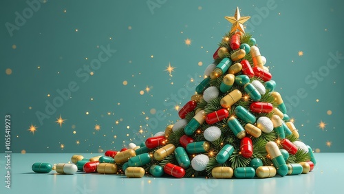 On a green background, a Christmas tree decorated with medical capsules photo