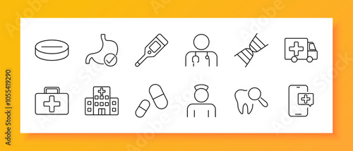 Medical and healthcare set icon. Pill, stomach check, thermometer, doctor, DNA, ambulance, first aid, hospital, capsules, nurse, dental check, medical app