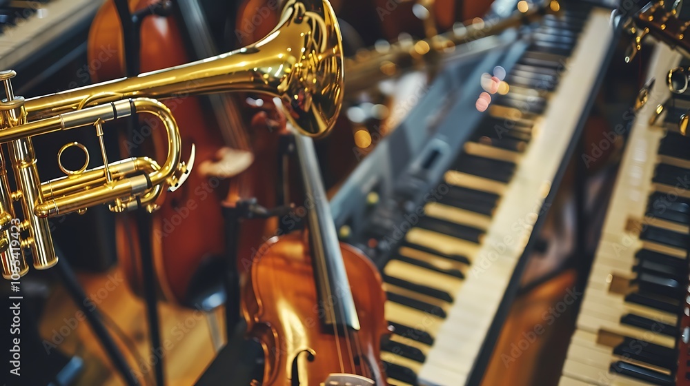 Obraz premium Violin trumpet guitars and keyboards exhibited at the music store