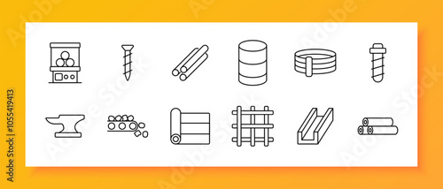 Industrial materials set icon. Ball bearing, screw, steel rods, oil barrel, pipe clamp, anvil, conveyor belt, metal sheet roll, steel grating, metal channel, wire bundle. Icons essential industrial
