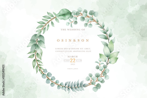 Green leaves watercolor wreath with golden frame