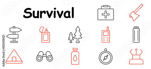 Survival set icon. First aid, axe, water, trees, walkie-talkie, battery, map, tent, fire starter, compass, shelter, direction, hydration, exploration