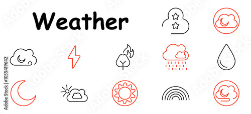 Weather set icon. Cloud, moon, lightning, fire, rain, drop, crescent, sunshine, stars, rainbow, forecast, precipitation, atmosphere