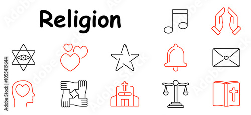 Religion set icon. Cross, church, heart, unity, peace, faith, prayer, scale, community, star, bell, envelope, compassion, spirituality