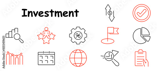 Investment set icon. Growth chart, magnifier, percentage, target, global, pie chart, checklist, calendar, flag, analysis, rating, goals, profit