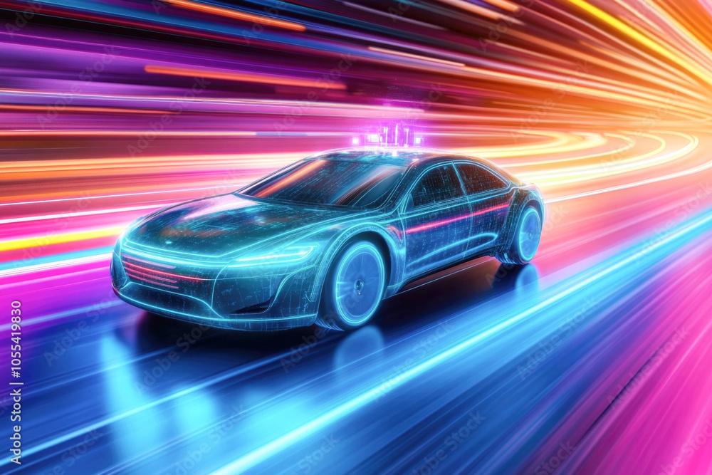 Futuristic electric car speeding through neon-lit cyber highway in vibrant colors Futuristic electric car speeding through neon-lit cyber highway in vibrant colors