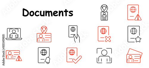 Documents set icon. Passport, ID card, verification, warning, acceptance, globe, location, approval, alert, scan, credentials